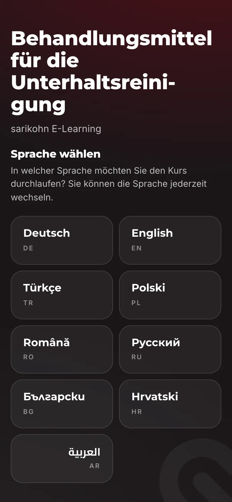 Aufnahme aus dem Kurs „Behandlungsmittel für die Unterhaltsreinigung“ am Handy: Sprachwahl mit neun Feldern von Deutsch bis Arabisch.
